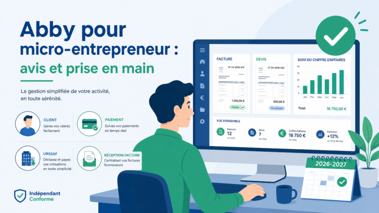 Illustration d’un micro-entrepreneur utilisant un logiciel de facturation électronique avec devis, facture et suivi d’activité.