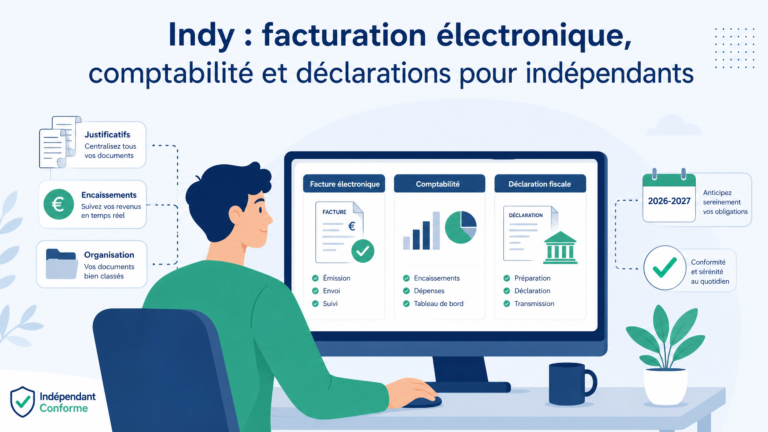 Illustration d’un indépendant utilisant un outil de facturation électronique et de comptabilité avec facture, justificatifs et déclarations.