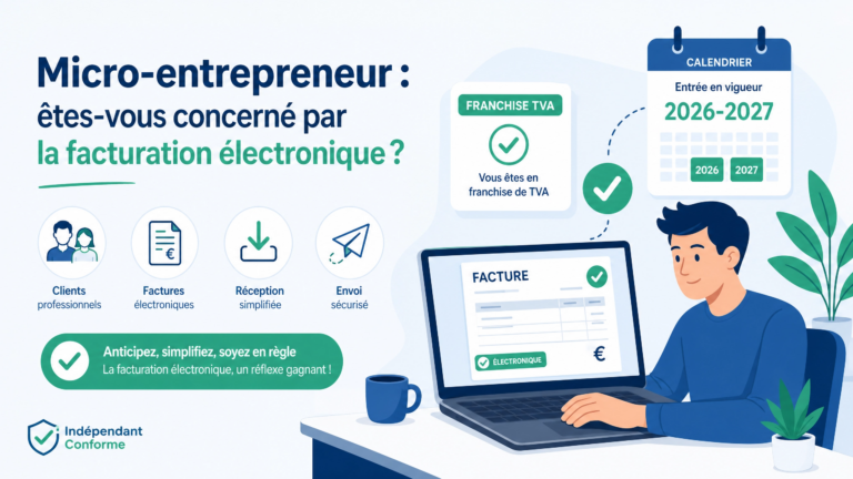 Illustration d’un micro-entrepreneur vérifiant ses obligations de facturation électronique 2026-2027 sur ordinateur.
