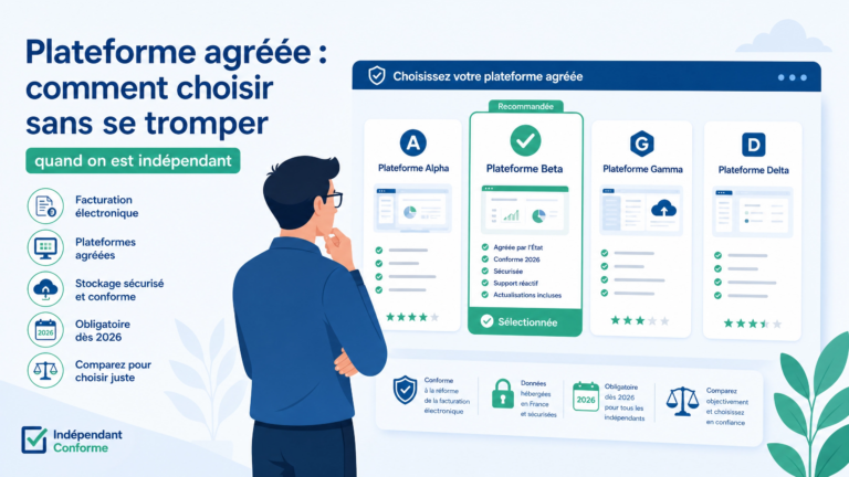 Illustration d’un choix de plateforme agréée de facturation électronique avec cartes comparatives, facture numérique et validation verte.