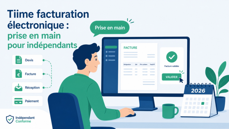 Créer une illustration professionnelle moderne pour un article intitulé “Tiime facturation électronique : prise en main pour indépendants”. Style : flat vector, premium accessible, clair, rassurant, couleurs Indépendant Conforme : bleu profond #2D5B8E, vert #27A37C, fond bleu très clair #f5f8fb. Représenter un indépendant devant un écran affichant une interface de facturation simplifiée, avec une facture numérique, un bouton de validation vert, un calendrier 2026, des icônes “devis”, “facture”, “réception”, “paiement”, et une petite bulle “prise en main”. Ne pas utiliser le logo officiel Tiime. Ajouter un petit logo “Indépendant Conforme” discret en bas à gauche. Pas de photo réaliste, pas d’effet 3D, pas de surcharge. Image lisible pour LinkedIn et article de blog.