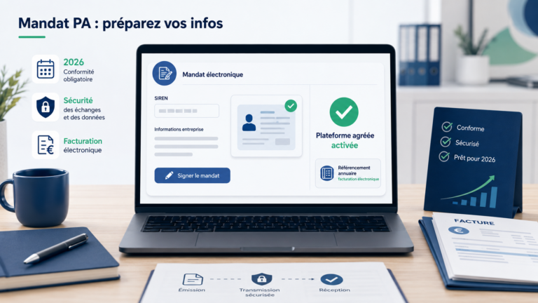 Mandat plateforme agréée avec numéro SIREN, pièce d’identité et activation de la facturation électronique