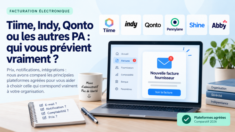Comparatif des notifications de factures électroniques sur Tiime, Qonto, Pennylane, Shine, Indy et Abby