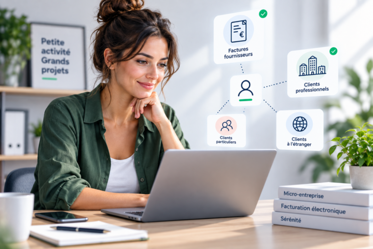 Micro-entrepreneur utilisant la facturation électronique avec factures fournisseurs et différents types de clients